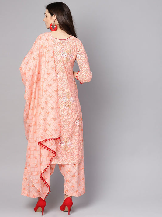 Baby Pink Printed 3/4Th Sleeve Cotton Kurta With Patiala And Dupatta | LASVINI - Redefining Indian Fashion with Elegance