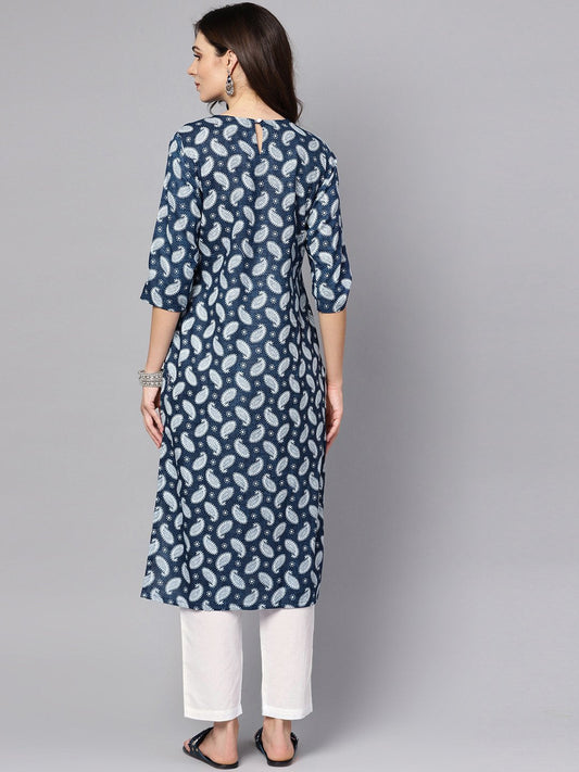 Navy Blue Printed 3/4Th Sleeve A-Line Cotton Kurta With White Palazzo | LASVINI - Redefining Indian Fashion with Elegance