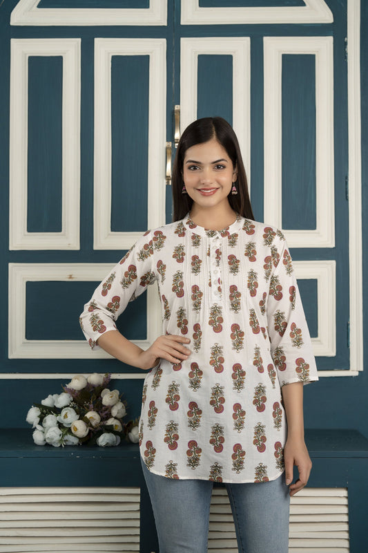 White Printed 3/4Th Sleeve Cotton Tunic | LASVINI - Redefining Indian Fashion with Elegance