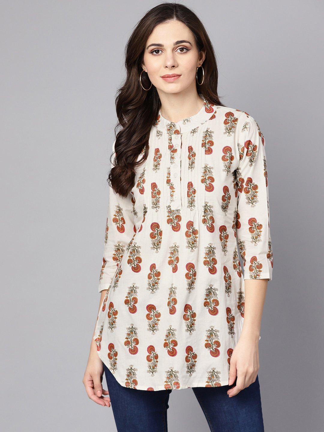 White Printed 3/4Th Sleeve Cotton Tunic | LASVINI - Redefining Indian Fashion with Elegance