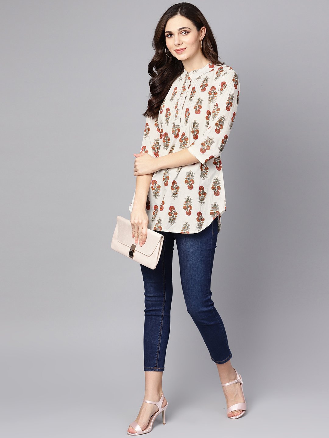 White Printed 3/4Th Sleeve Cotton Tunic | LASVINI - Redefining Indian Fashion with Elegance