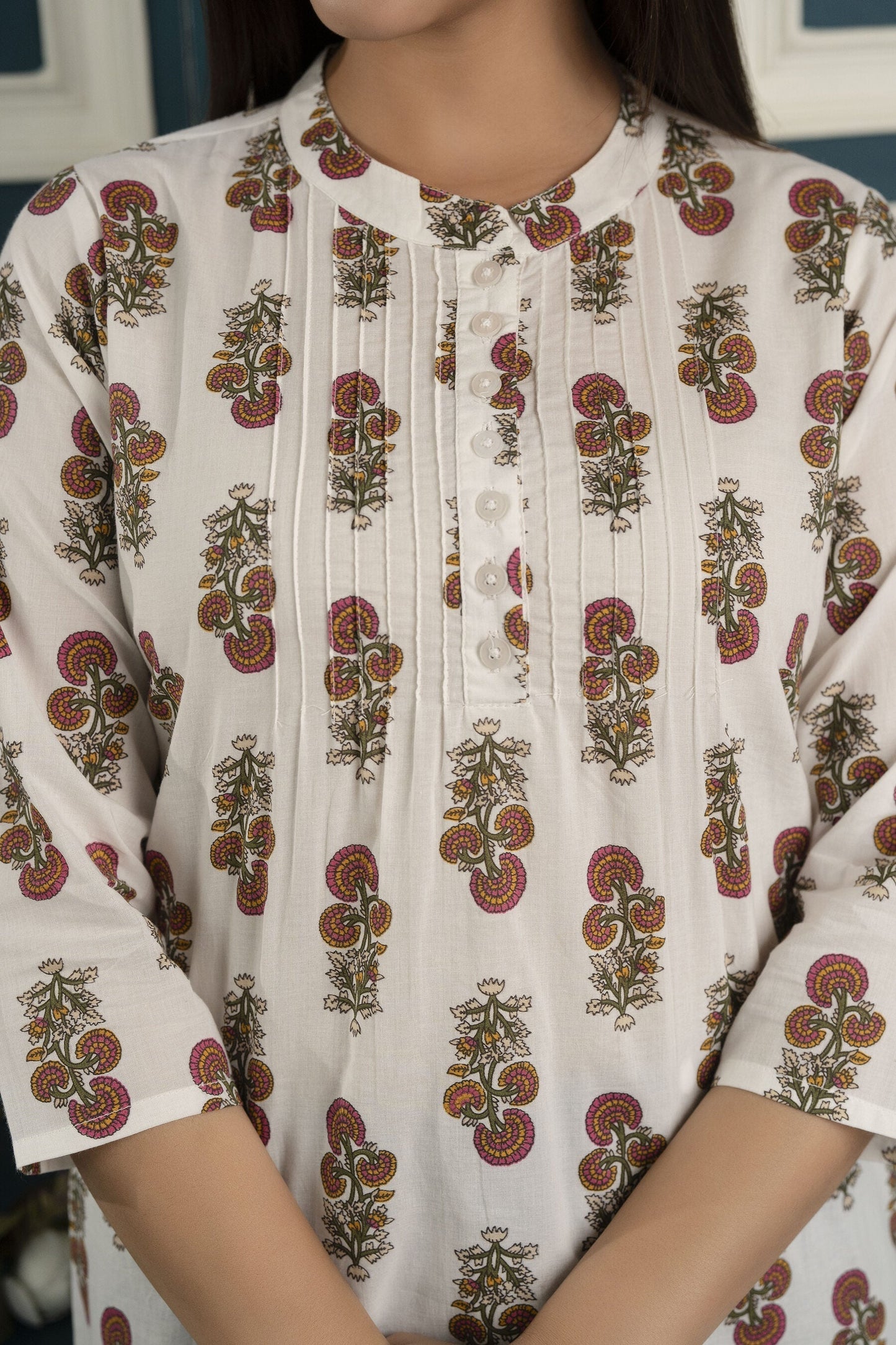 White Printed 3/4Th Sleeve Cotton Tunic | LASVINI - Redefining Indian Fashion with Elegance
