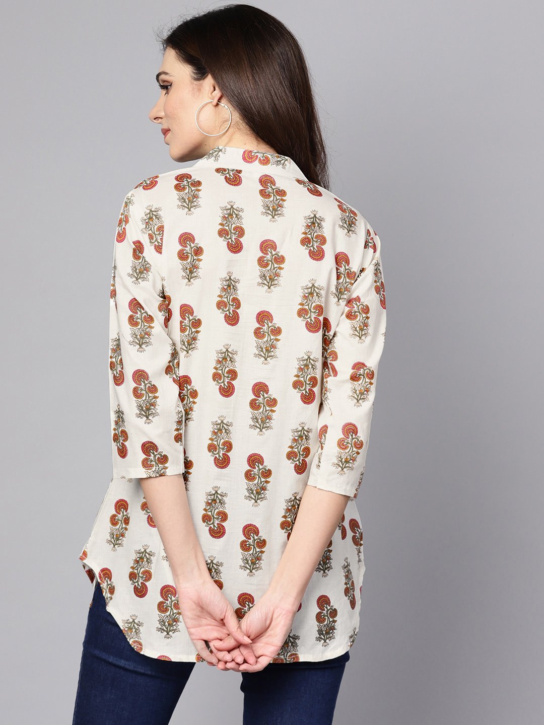 White Printed 3/4Th Sleeve Cotton Tunic | LASVINI - Redefining Indian Fashion with Elegance