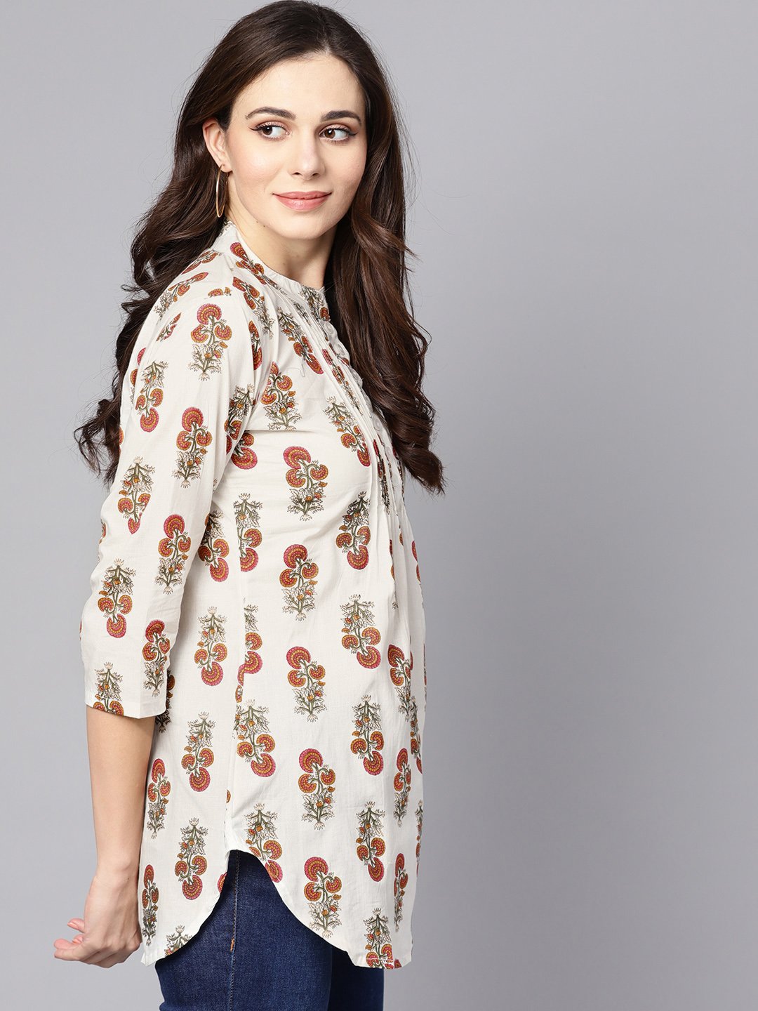 White Printed 3/4Th Sleeve Cotton Tunic | LASVINI - Redefining Indian Fashion with Elegance