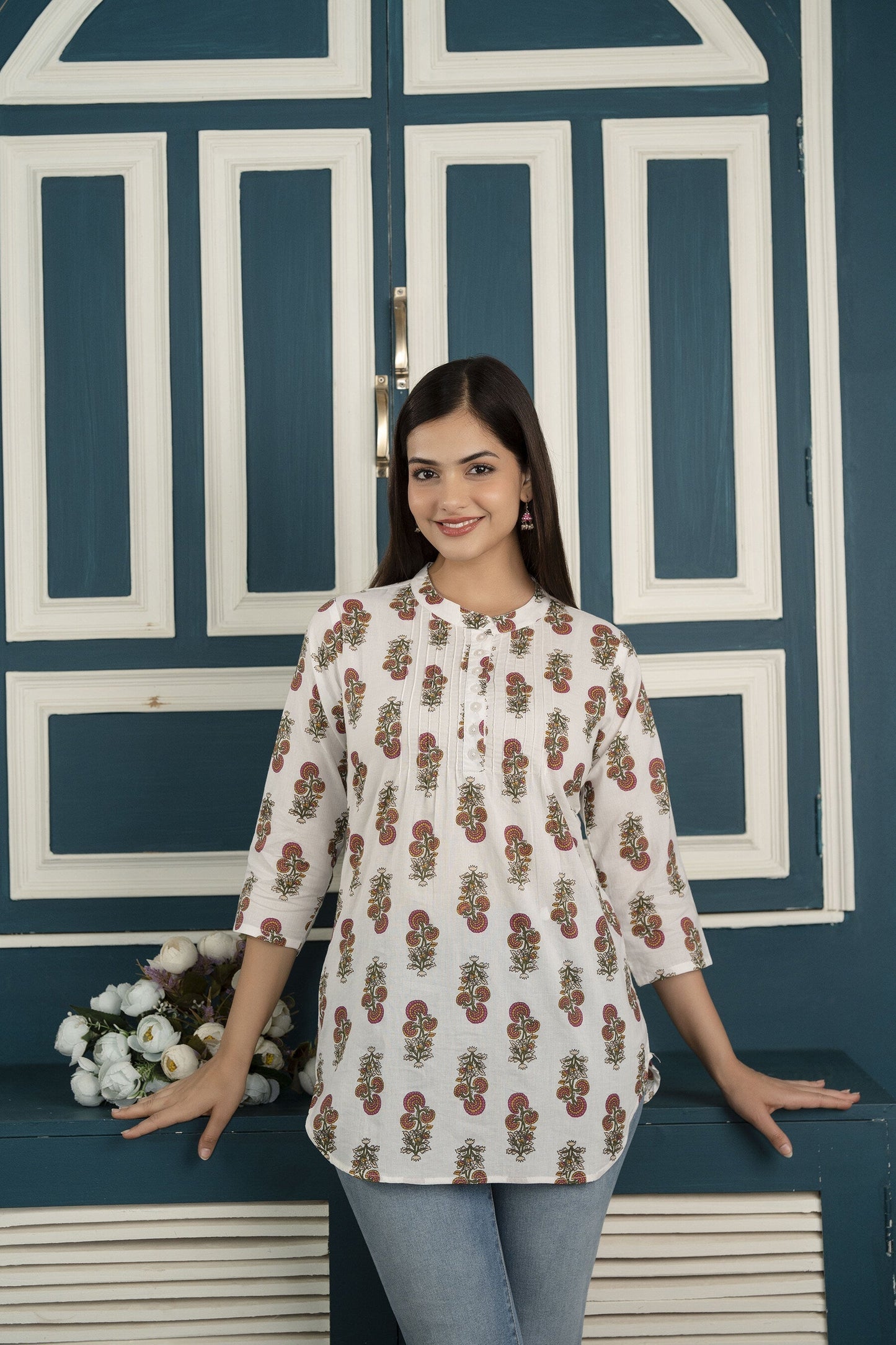 White Printed 3/4Th Sleeve Cotton Tunic | LASVINI - Redefining Indian Fashion with Elegance