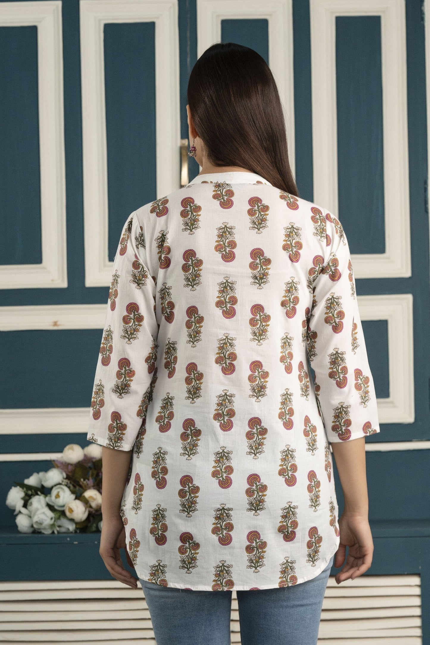 White Printed 3/4Th Sleeve Cotton Tunic | LASVINI - Redefining Indian Fashion with Elegance