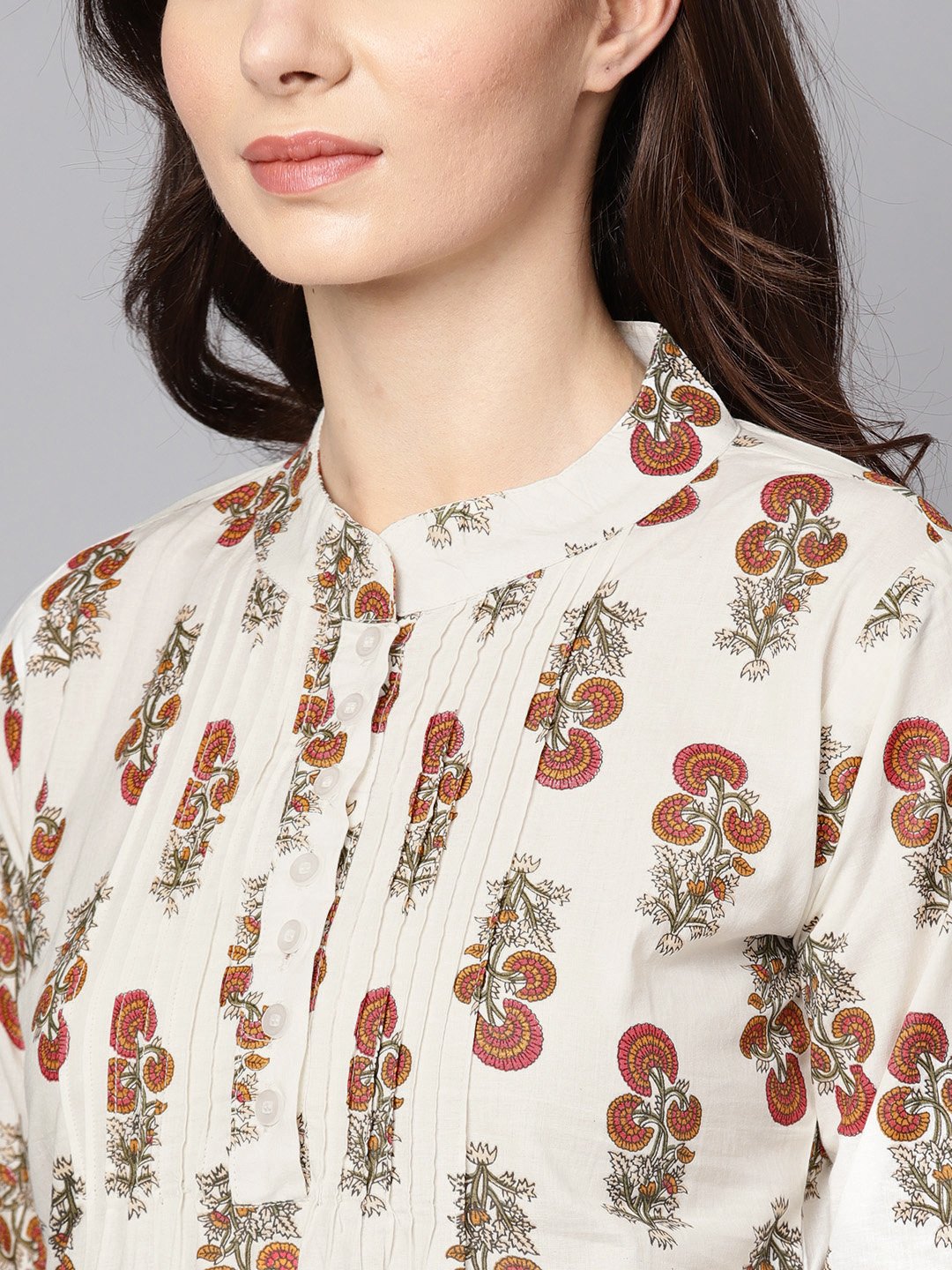 White Printed 3/4Th Sleeve Cotton Tunic | LASVINI - Redefining Indian Fashion with Elegance