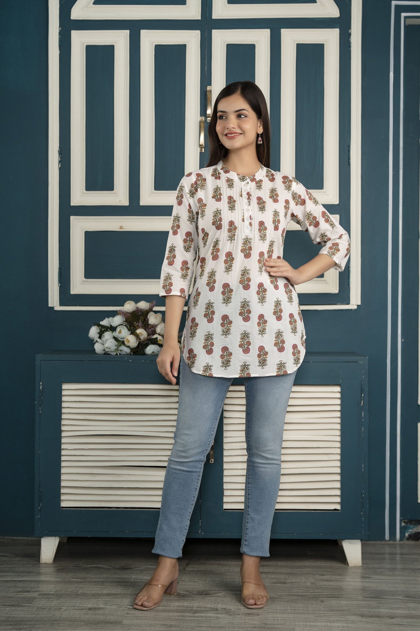 White Printed 3/4Th Sleeve Cotton Tunic | LASVINI - Redefining Indian Fashion with Elegance