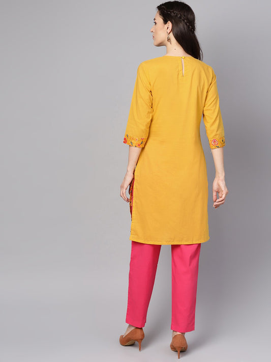 Yellow Printed 3/4Th Sleeve Cotton Kurta With Red Palazzo | LASVINI - Redefining Indian Fashion with Elegance