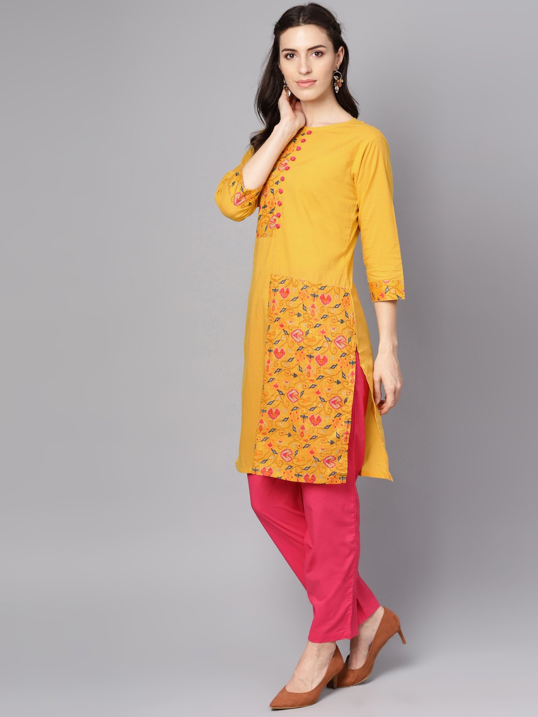 Yellow Printed 3/4Th Sleeve Cotton Kurta With Red Palazzo | LASVINI - Redefining Indian Fashion with Elegance