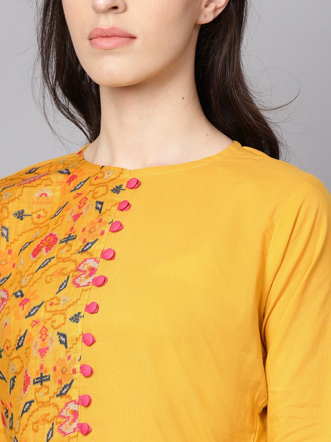 Yellow Printed 3/4Th Sleeve Cotton Kurta With Red Palazzo | LASVINI - Redefining Indian Fashion with Elegance