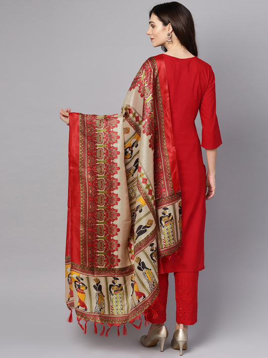 Red 3/4Th Sleeve Rayon Kurta With Palazzo And Printed Dupatta | LASVINI - Redefining Indian Fashion with Elegance
