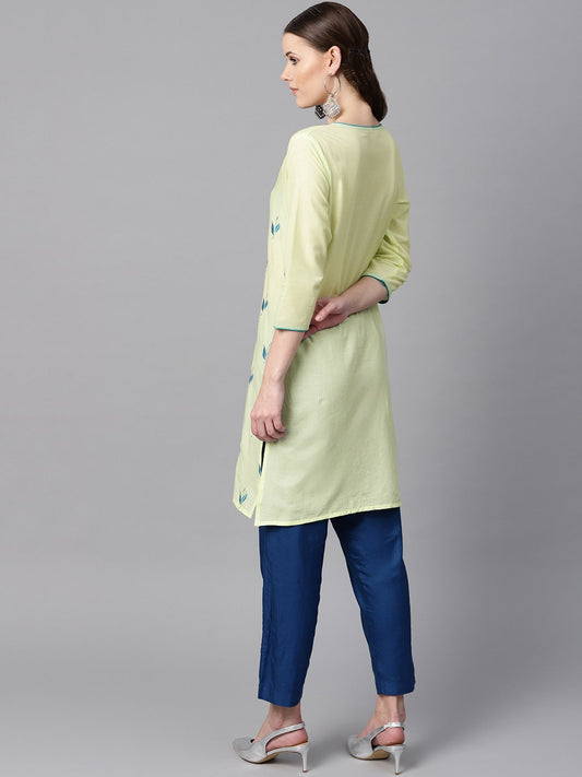 Leaf Embroidered Yellow 3/4Th Sleeve Kurta | LASVINI - Redefining Indian Fashion with Elegance