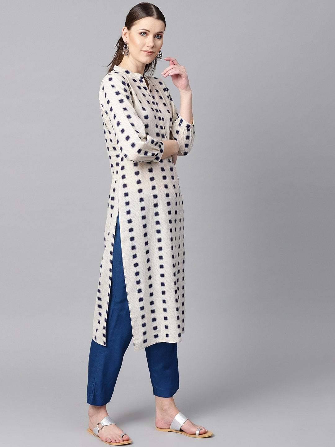 Beige Geometric Printed Cotton Straight Kurta | LASVINI - Redefining Indian Fashion with Elegance