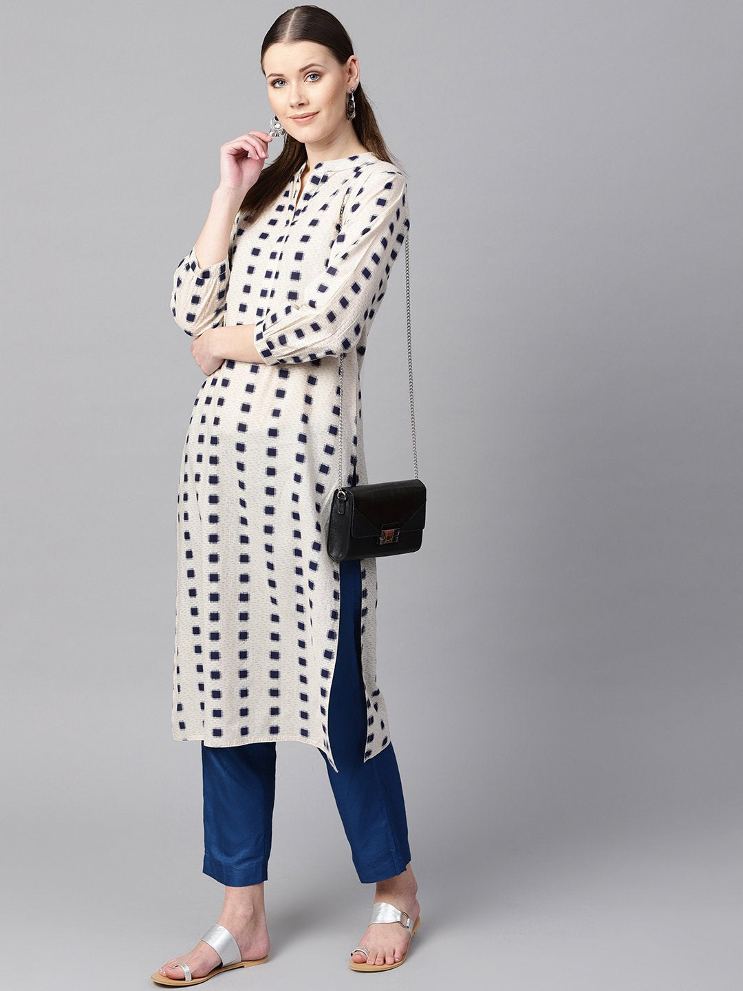 Beige Geometric Printed Cotton Straight Kurta | LASVINI - Redefining Indian Fashion with Elegance