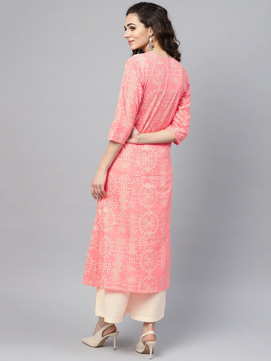 Pink Printed 3/4Th Sleeve Kurta Set With Beige Palazzo | LASVINI - Redefining Indian Fashion with Elegance