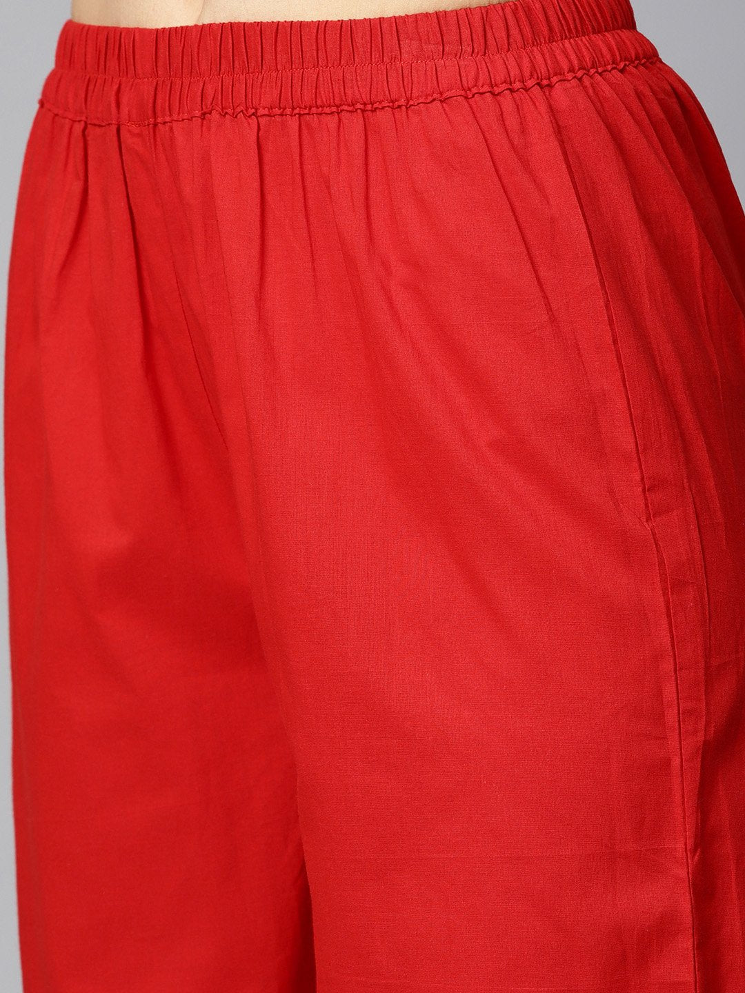 Geometric Gold Khadi Printed Straight Kurta With Multi Slits And Button Detailing, With Solid Red Palazzo | LASVINI - Redefining Indian Fashion with Elegance