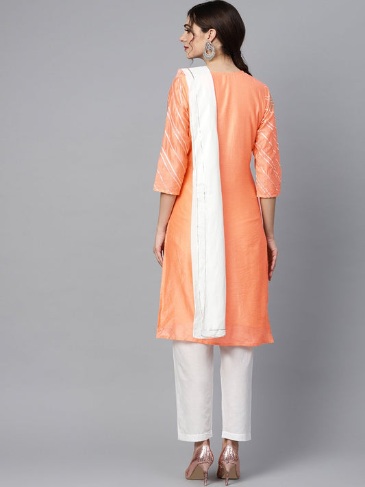 Solid Peach Gota Detailing Straight Kurta And Solid Off White Pants With Gota Detailing Off White Mul Dupatta | LASVINI - Redefining Indian Fashion with Elegance
