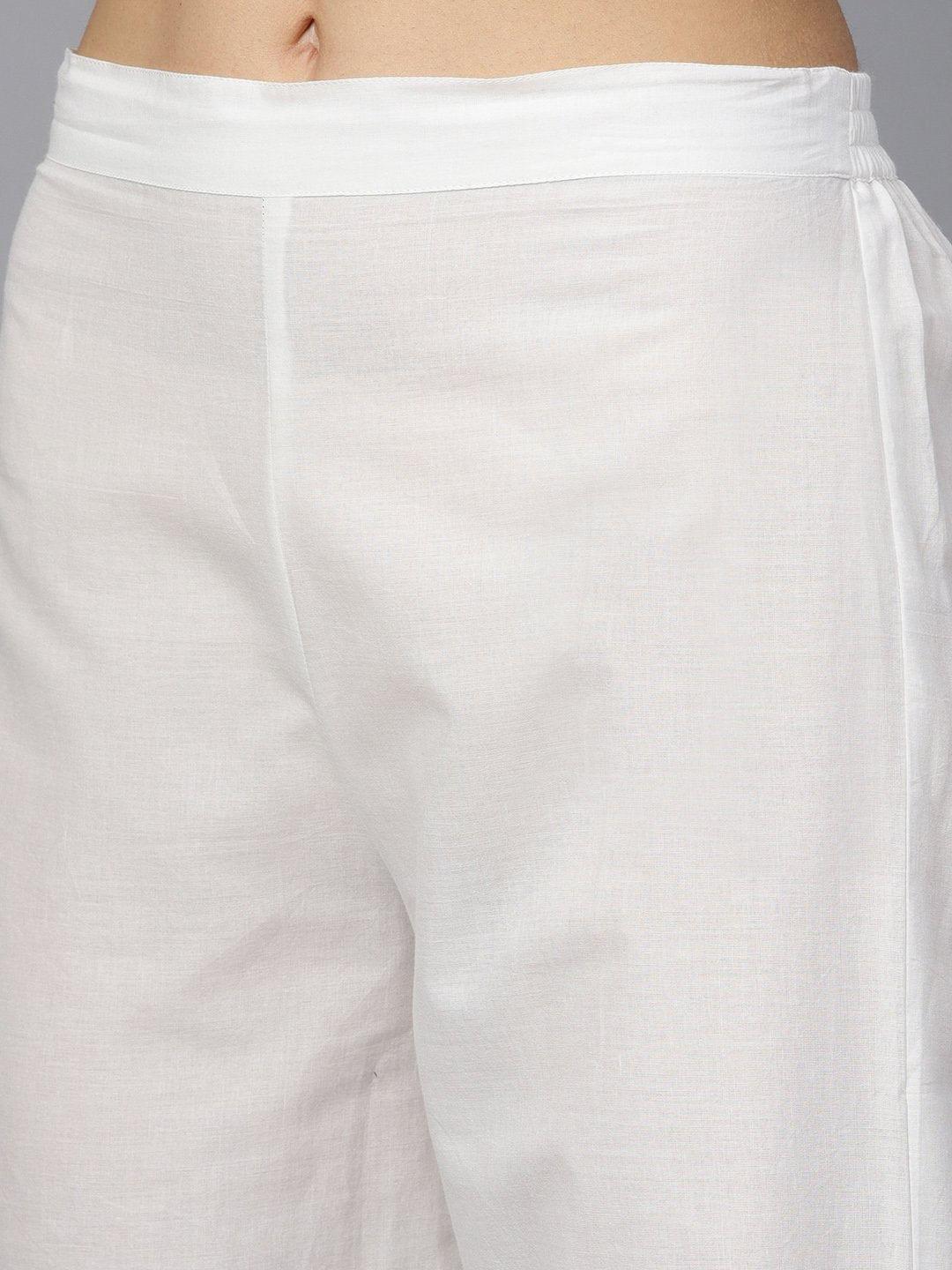 Solid Peach Gota Detailing Straight Kurta And Solid Off White Pants With Gota Detailing Off White Mul Dupatta | LASVINI - Redefining Indian Fashion with Elegance