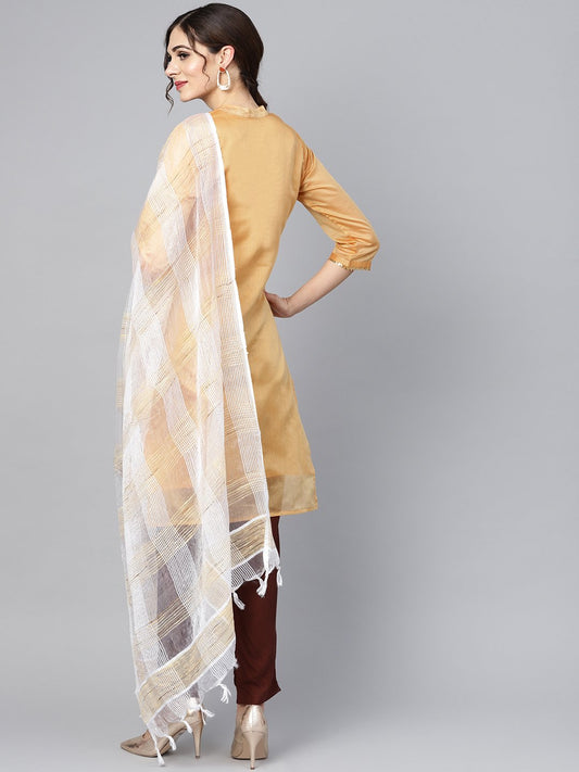 Mustard Brown Chanderi Straight Kurta With Lining With Solid Chocolate Brown Rayon Pants With Kotadoriya Dupatta | LASVINI - Redefining Indian Fashion with Elegance
