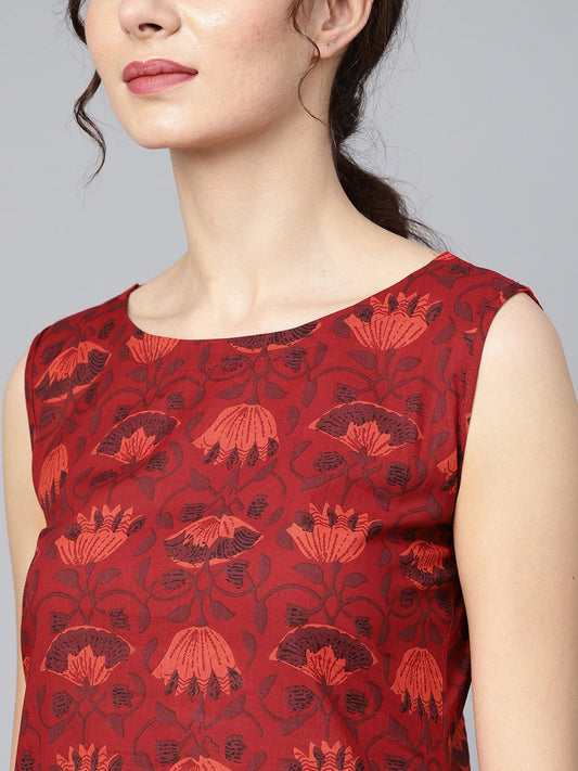 Maroon Round Neck Sleeveless Floral Printed Kurta With Black Salwar | LASVINI - Redefining Indian Fashion with Elegance
