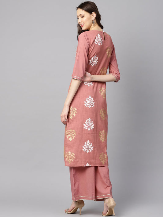 Mauve Colored Gold Printed Kurta Set With Solid Palazzo Embellished With Gotta | LASVINI - Redefining Indian Fashion with Elegance