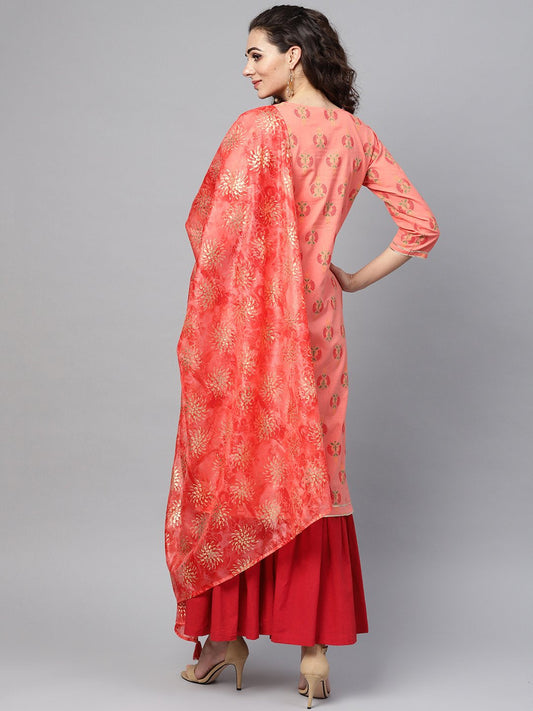 Coral Pink Printed Straight Kurta With Sharara & Gold Printed Organza Dupatta | LASVINI - Redefining Indian Fashion with Elegance