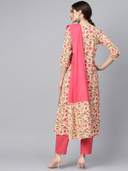 Beige Colored Floral Printed Straight Kurta With Solid Pink Pants & Mul Dupatta | LASVINI - Redefining Indian Fashion with Elegance