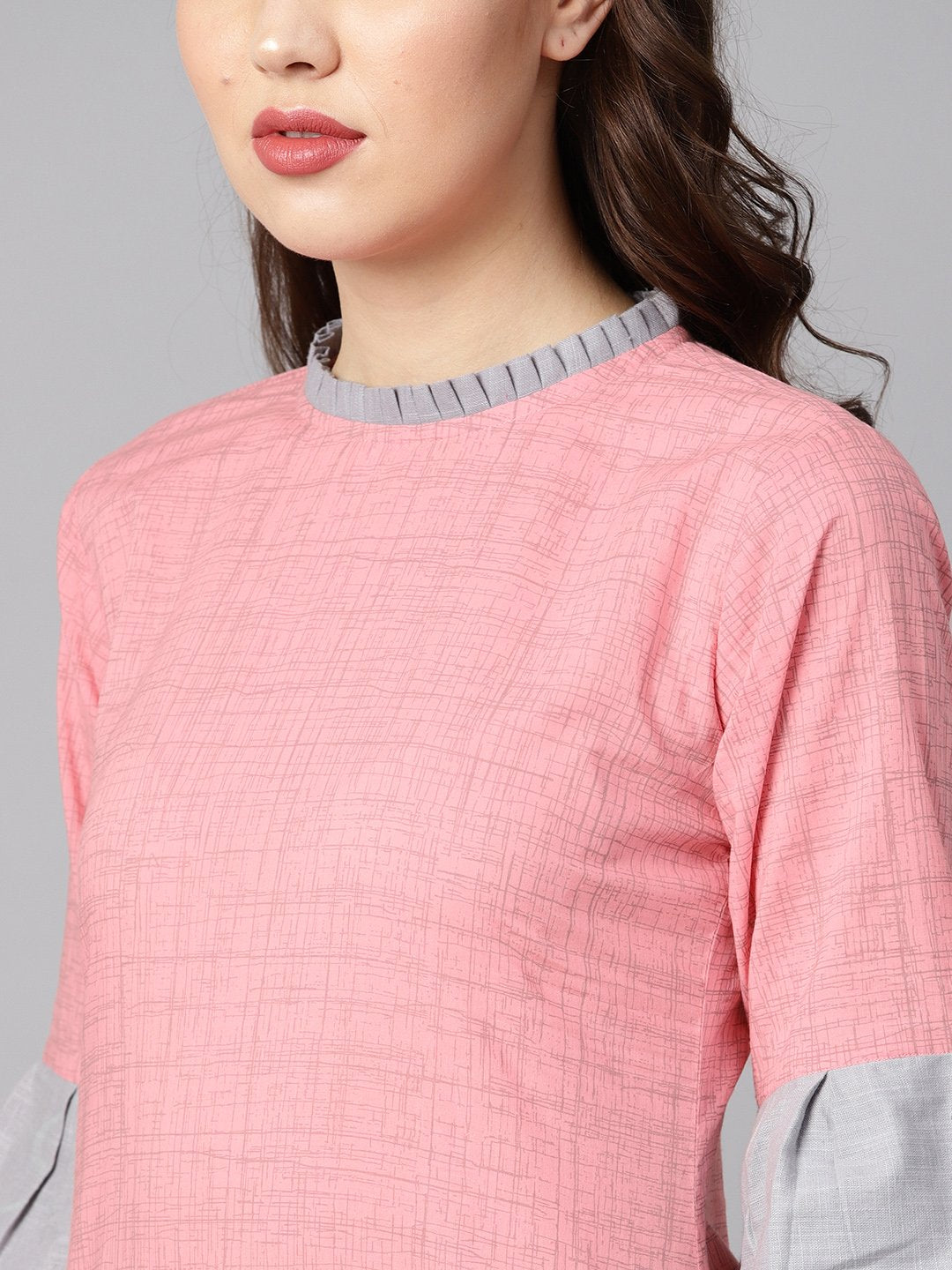 Light Pink Kurta With Pleated Neckline With Flared Sleeves | LASVINI - Redefining Indian Fashion with Elegance