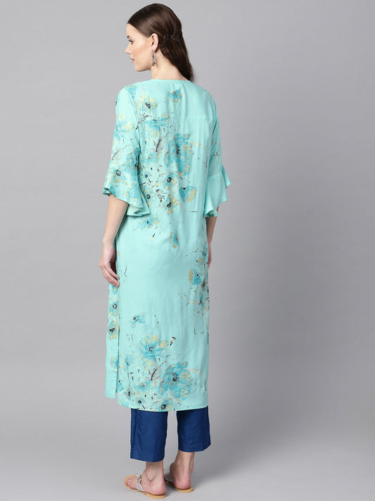 Sky Blue Floral Foil Printed Round Neck With V-Slit And Tassels Detailing Flared Sleeve Straight Kurta | LASVINI - Redefining Indian Fashion with Elegance
