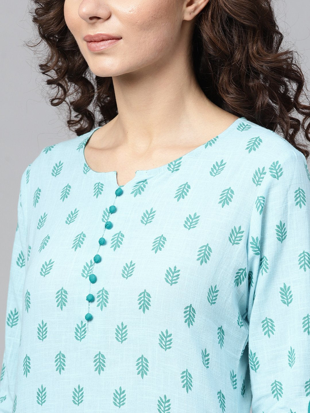 Sky Blue Round Neck With Button Detailing 3/4Th Sleeve Kurta | LASVINI - Redefining Indian Fashion with Elegance