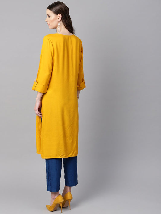 Mustard Yellow Round Neck Embroidered Kurta With Cuff And Loop Detailing Sleeves. | LASVINI - Redefining Indian Fashion with Elegance