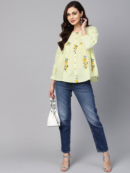 Lemon Yellow Color Floral Printed Tunic | LASVINI - Redefining Indian Fashion with Elegance