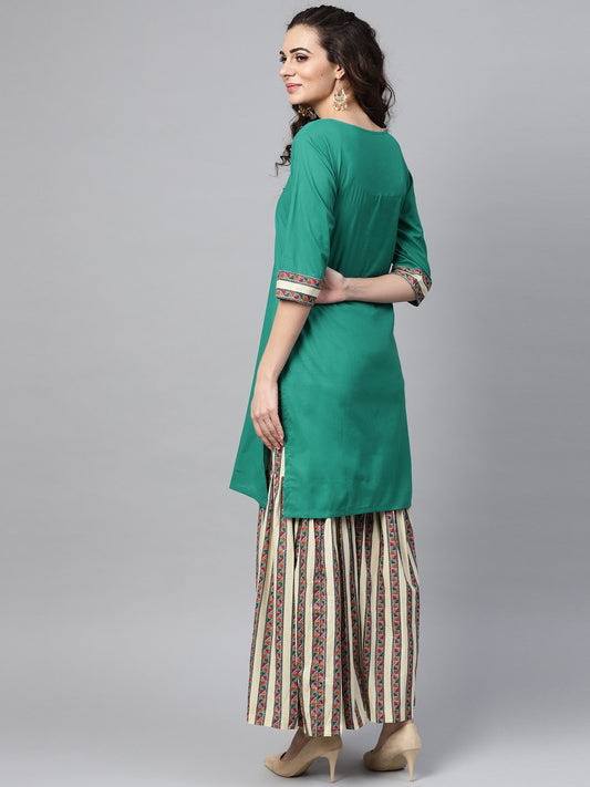 Solid Green Kurta Set With Geometric Printed Sharara | LASVINI - Redefining Indian Fashion with Elegance
