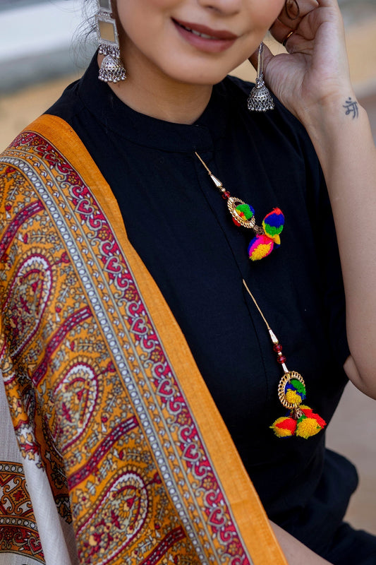 Women Black Kurta Set With Pants & Bhagalpuri Multi Colored Dupatta | LASVINI - Redefining Indian Fashion with Elegance