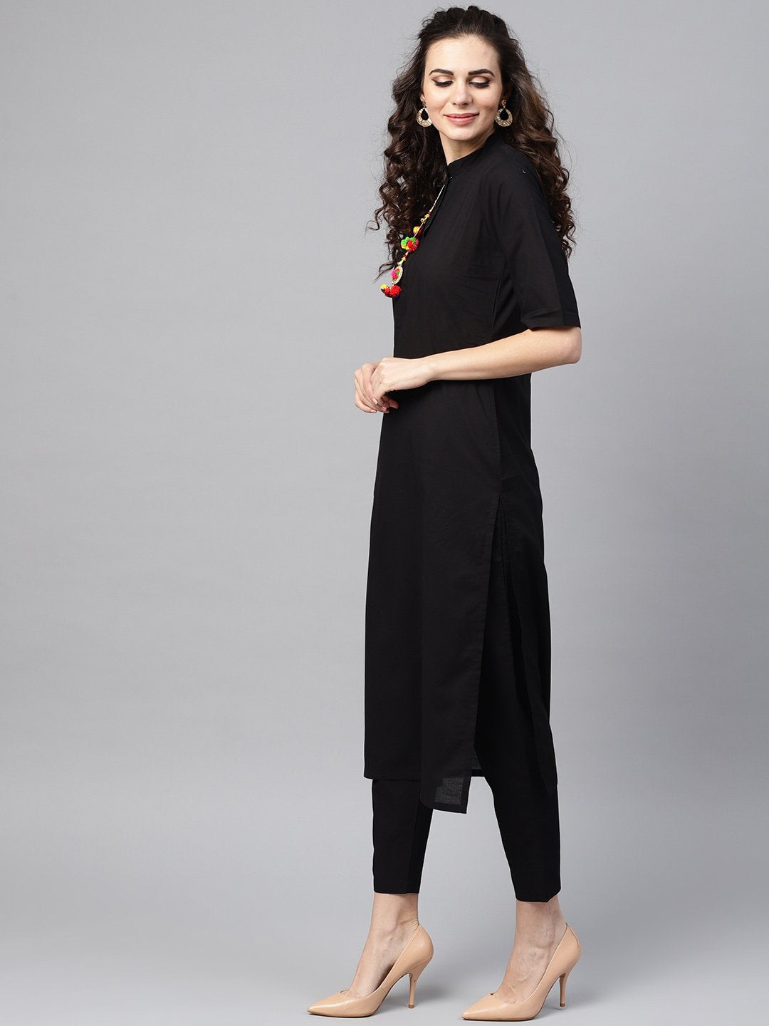 Solid Black Kurta Set With Pants & Bhagalpuri Multi Colored Dupatta | LASVINI - Redefining Indian Fashion with Elegance