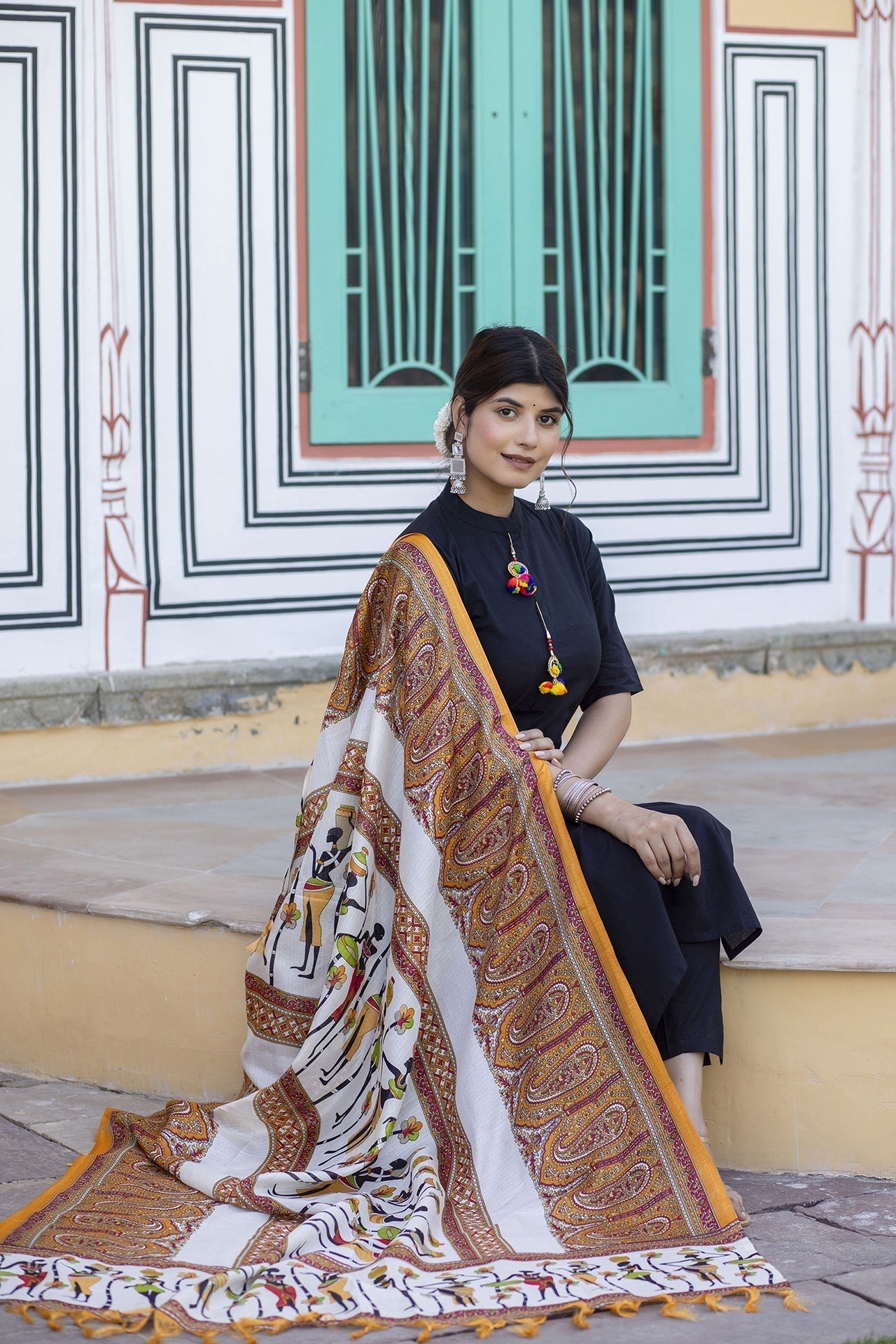Women Black Kurta Set With Pants & Bhagalpuri Multi Colored Dupatta | LASVINI - Redefining Indian Fashion with Elegance