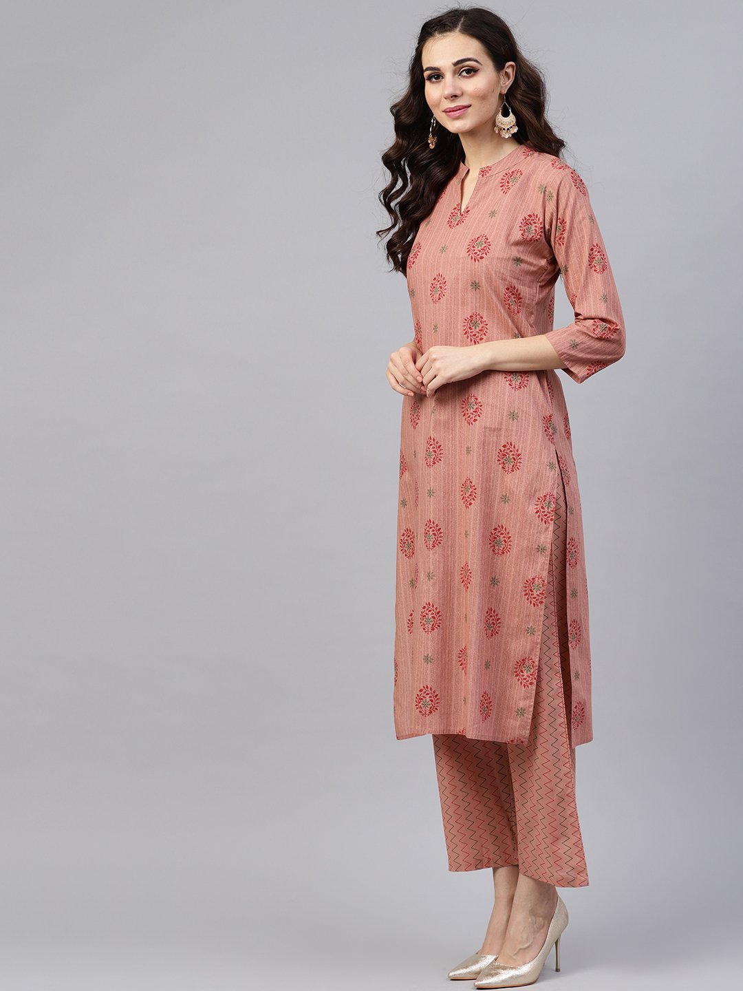 Beige Printed 3/4Th Sleeve Cotton Kurta Set With Striped Printed Dupatta | LASVINI - Redefining Indian Fashion with Elegance