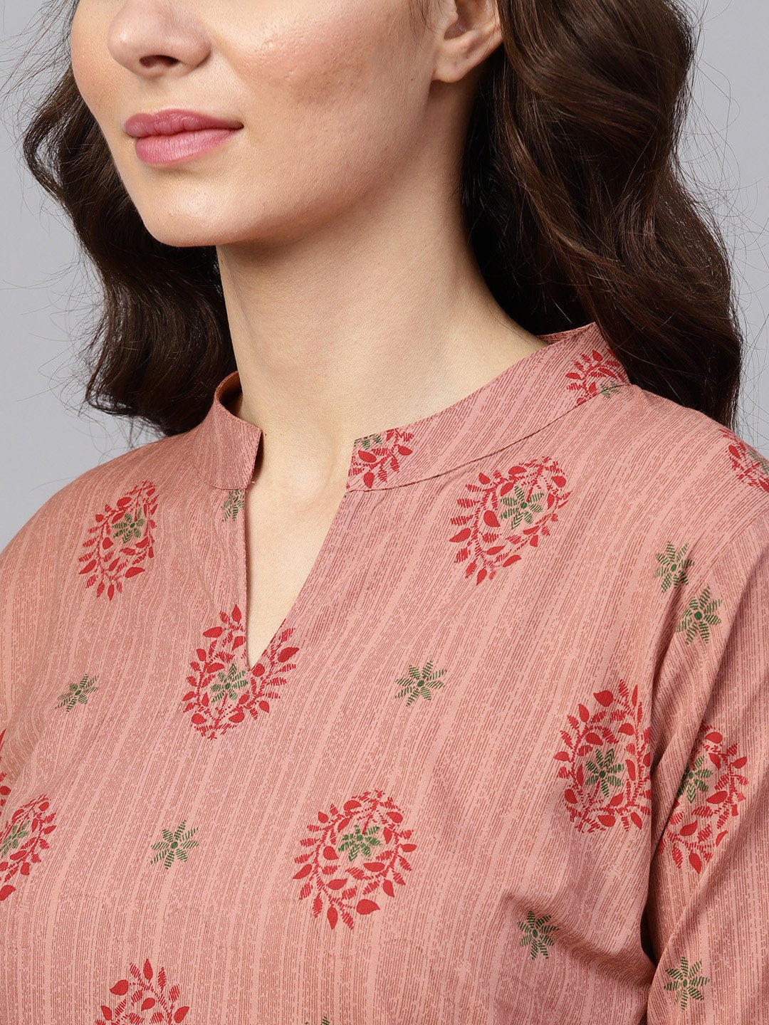 Beige Printed 3/4Th Sleeve Cotton Kurta Set With Striped Printed Dupatta | LASVINI - Redefining Indian Fashion with Elegance