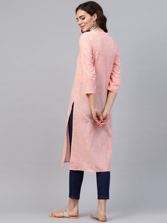 Peach 3/4Th Sleeve Cotton Mandarin Collor Kurta | LASVINI - Redefining Indian Fashion with Elegance