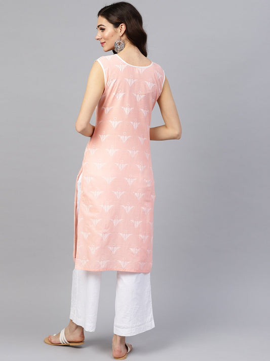 Peach Sleeveless Cotton Printed Kurta | LASVINI - Redefining Indian Fashion with Elegance