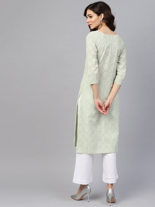 Green Printed 3/4Th Sleeve Cotton Printed Straight Kurta | LASVINI - Redefining Indian Fashion with Elegance