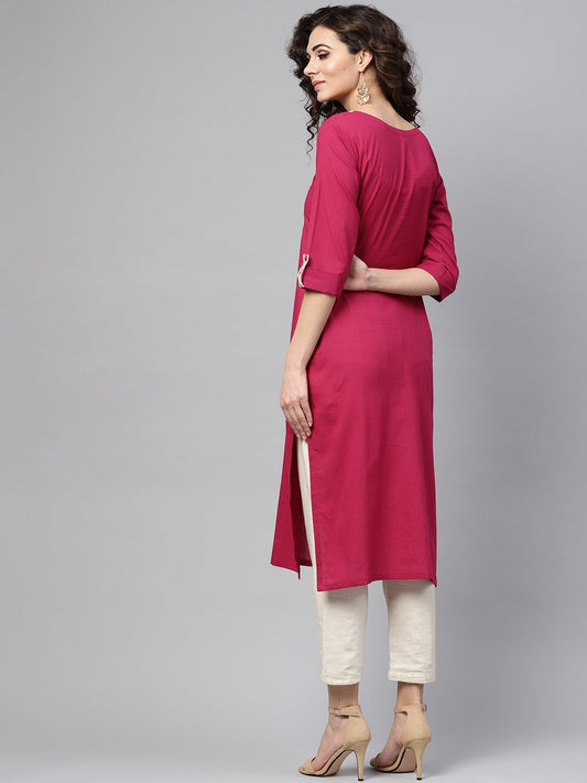 Red 3/4Th Sleeve Yoke Printed Cotton Straight Kurta | LASVINI - Redefining Indian Fashion with Elegance