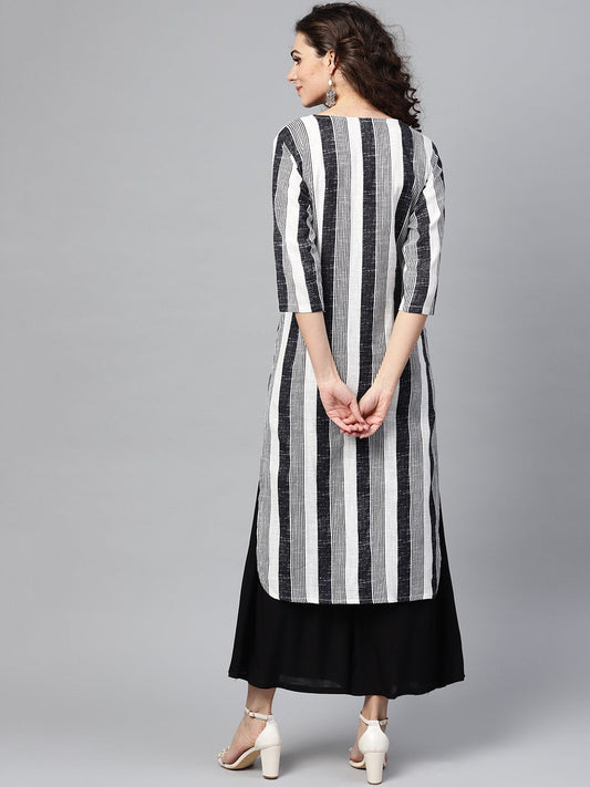 Black & White Striped Printed 3/4Th Sleeve Cotton Kurta | LASVINI - Redefining Indian Fashion with Elegance