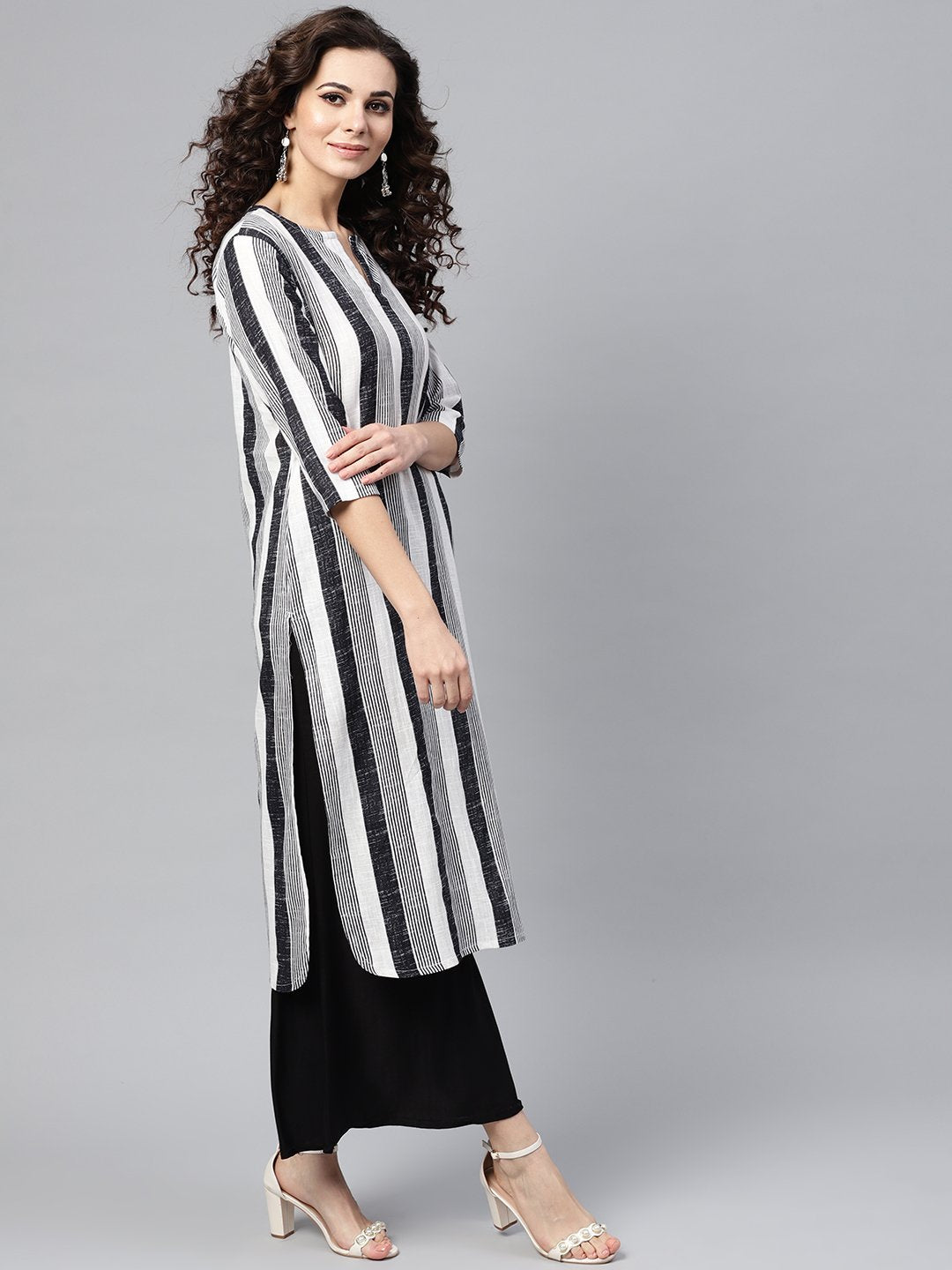 Black & White Striped Printed 3/4Th Sleeve Cotton Kurta | LASVINI - Redefining Indian Fashion with Elegance