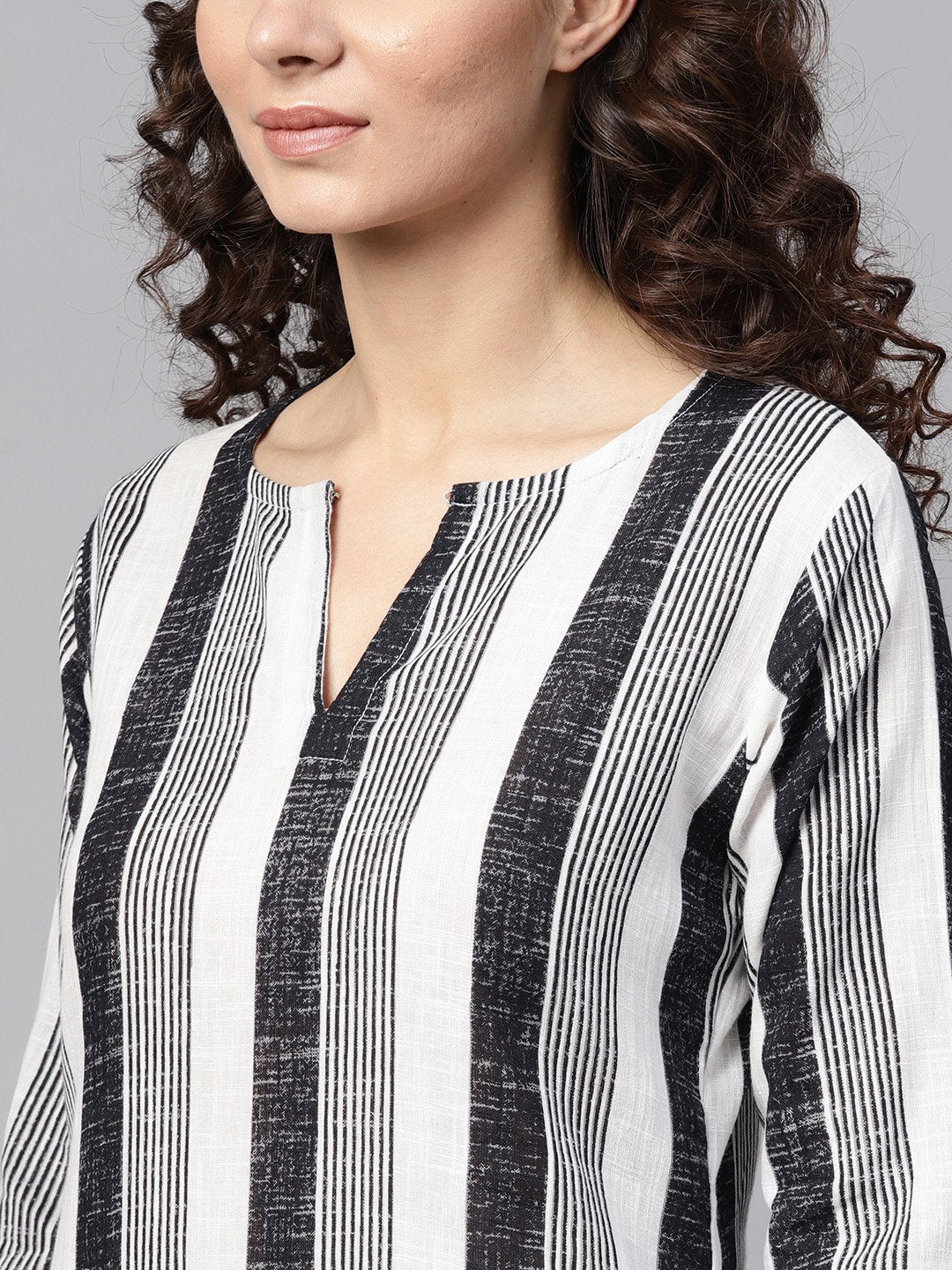 Black & White Striped Printed 3/4Th Sleeve Cotton Kurta | LASVINI - Redefining Indian Fashion with Elegance