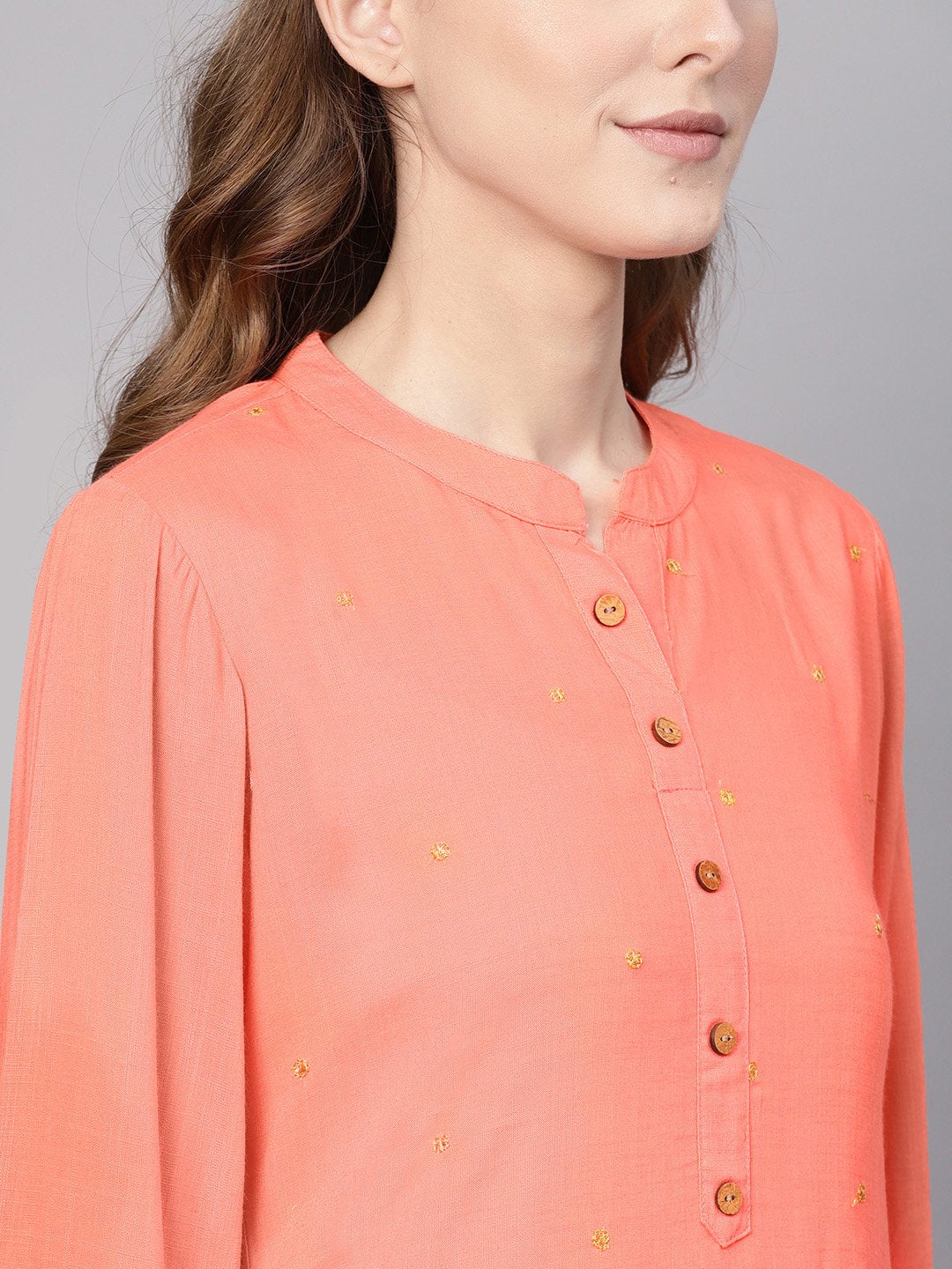 Women Peach-Coloured Woven Design Straight Kurta | LASVINI - Redefining Indian Fashion with Elegance
