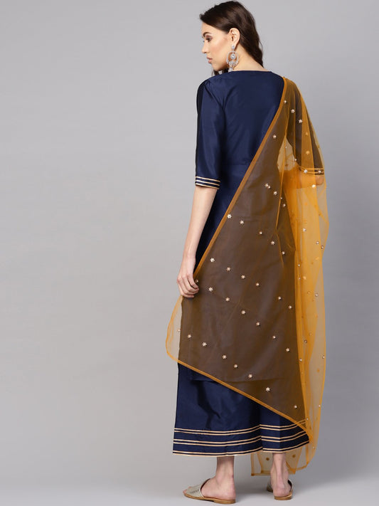 Women Navy Blue & Mustard Yellow Solid Kurta With Palazzos & Dupatta | LASVINI - Redefining Indian Fashion with Elegance