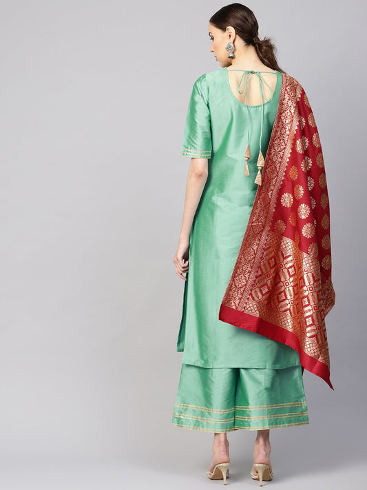Women Sea Green & Maroon Solid Kurta With Palazzos & Dupatta | LASVINI - Redefining Indian Fashion with Elegance