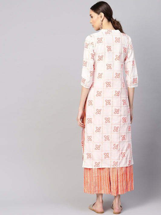 Women White & Orange Printed Kurta With Skirt | LASVINI - Redefining Indian Fashion with Elegance